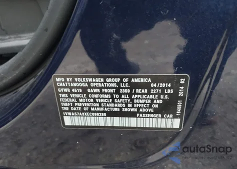 2014 Volkswagen Passat 1.8T S from USA, damaged, VIN 1VWAS7A3XEC098280